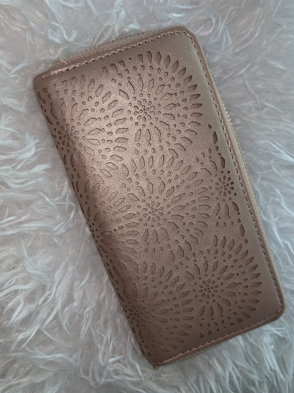 Rose Gold Laser-Cut Floral Zip Wallet - Women Bags Wallets